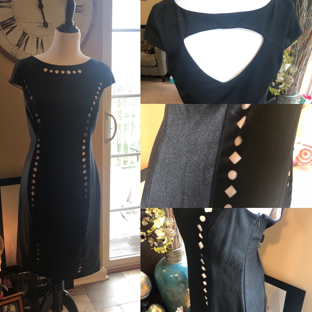 Black fitted sheath dress with lined cutouts